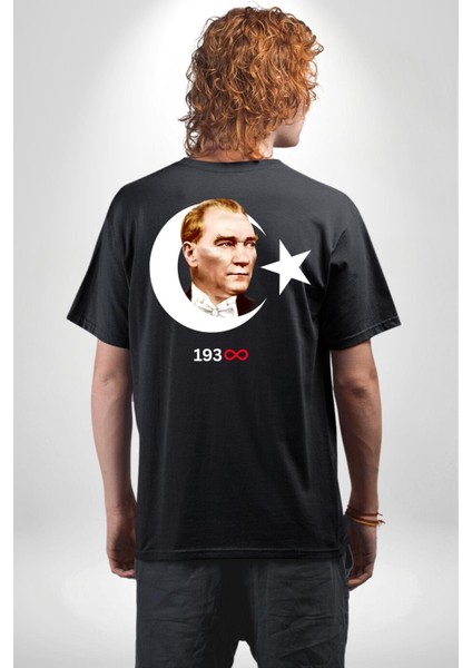 Ay Yıldız Atatürk 10 Kasım Sonsuza Kadar Sırt Baskılı Pamuklu Penye Kadın Erkek Siyah Tişört