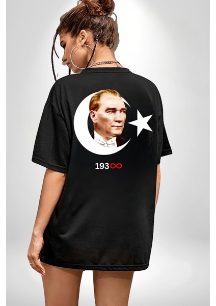 Ay Yıldız Atatürk 10 Kasım Sonsuza Kadar Sırt Baskılı Pamuklu Penye Kadın Erkek Siyah Tişört fiyatları
