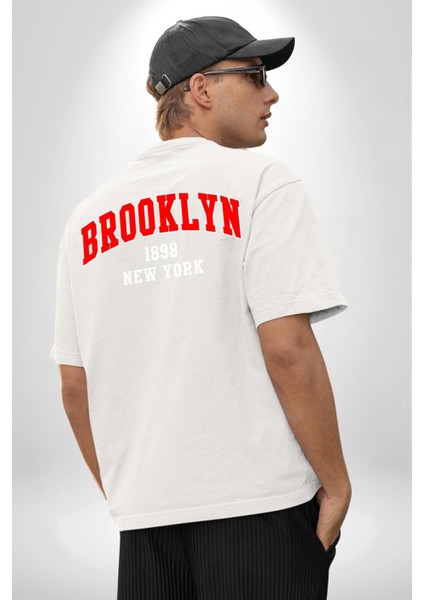 Brooklyn Beyaz Sırt Baskılı Pamuklu Penye Kadın Erkek Beyaz Tişört indirimleri