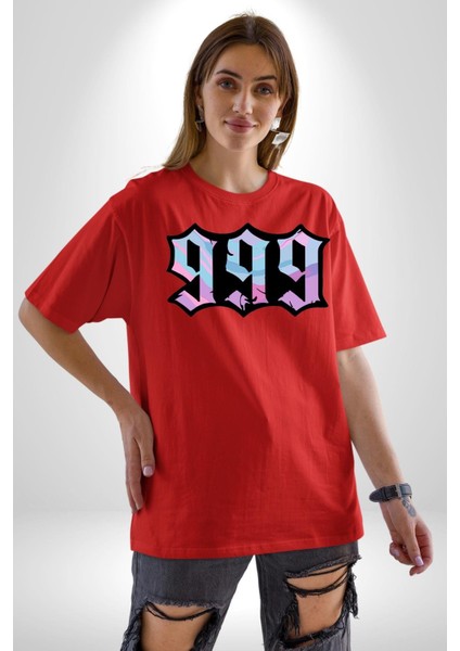 999 Bir Sonuç Bir Bitişi Simgeler Grafik Baskılı Pamuklu Penye Kadın Erkek Kırmızı Tişört