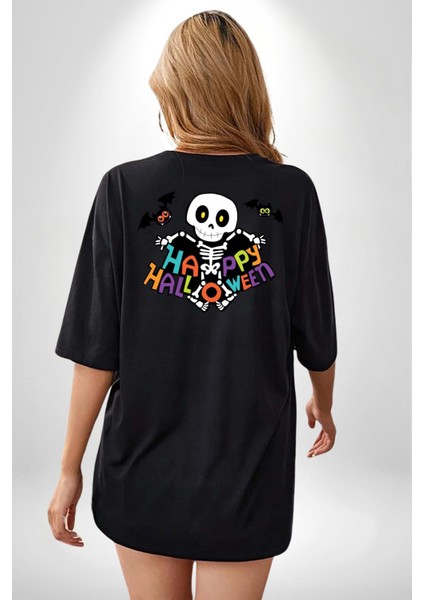 Halloween Skeleton Eğlenceli Cadılar Bayramı Sırt Baskılı Pamuklu Penye Kadın Erkek Siyah Tişört modelleri