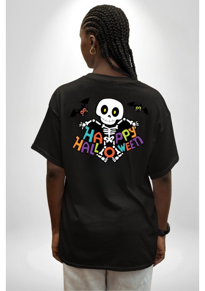 Halloween Skeleton Eğlenceli Cadılar Bayramı Sırt Baskılı Pamuklu Penye Kadın Erkek Siyah Tişört fırsatları