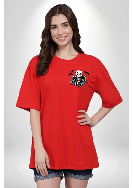 Halloween Skeleton Eğlenceli Cadılar Bayramı Minimal Cep Baskılı Pamuklu Penye Kadın Erkek Kırmızı Tişört