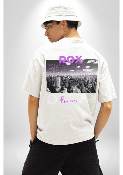 Rox Markası Şehir Tasarımı Sırt Baskılı Pamuklu Penye Kadın Erkek Beyaz Tişört