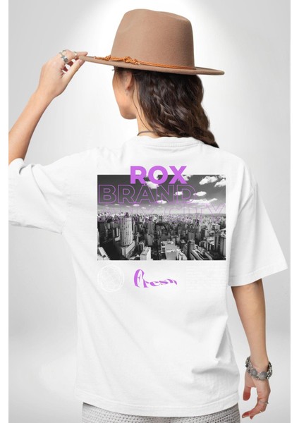 Rox Markası Şehir Tasarımı Sırt Baskılı Pamuklu Penye Kadın Erkek Beyaz Tişört