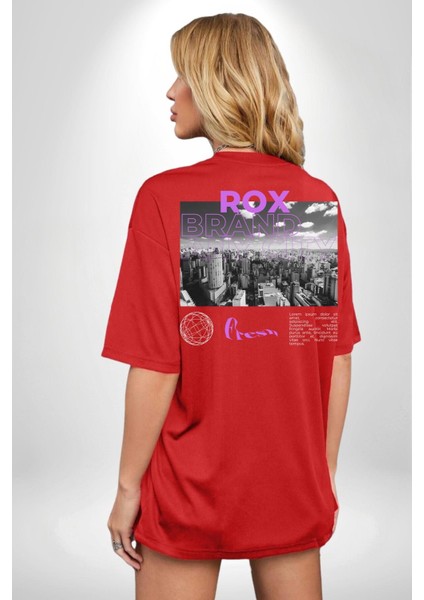 Rox Markası Şehir Tasarımı Cep Sırt Baskılı Pamuklu Penye Kadın Erkek Kırmızı Tişört