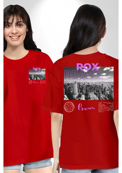 Rox Markası Şehir Tasarımı Cep Sırt Baskılı Pamuklu Penye Kadın Erkek Kırmızı Tişört