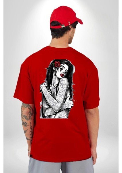 Tattooed Rose Lady Gothic Dövme Sanatı Temalı Sırt Baskılı Pamuklu Penye Kadın Erkek Kırmızı Tişört fırsatları
