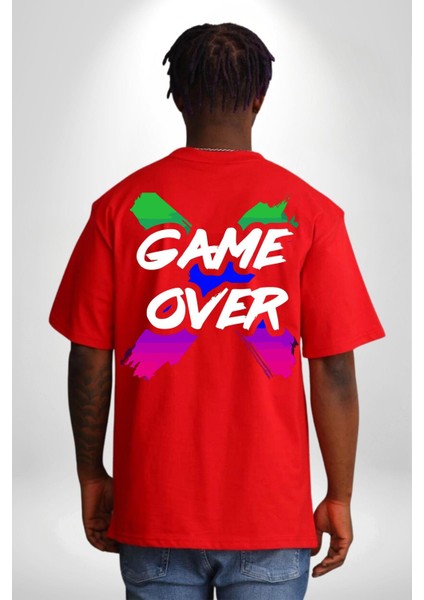 Game Over Oyun Bitti Sırt Baskılı Pamuklu Penye Kadın Erkek Kırmızı Tişört