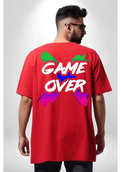 Game Over Oyun Bitti Sırt Baskılı Pamuklu Penye Kadın Erkek Kırmızı Tişört