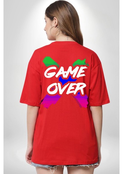 Game Over Oyun Bitti Sırt Baskılı Pamuklu Penye Kadın Erkek Kırmızı Tişört