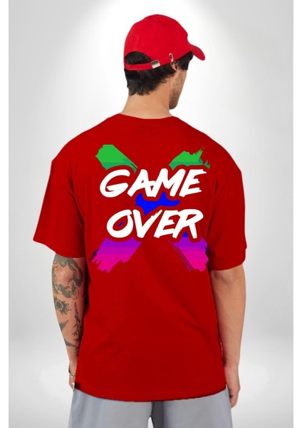 Game Over Oyun Bitti Sırt Baskılı Pamuklu Penye Kadın Erkek Kırmızı Tişört