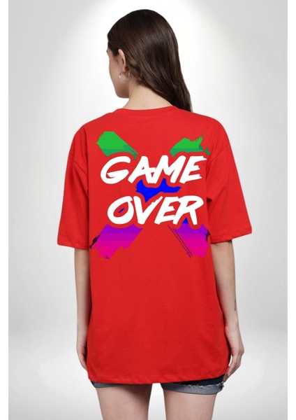 Game Over Oyun Bitti Sırt Baskılı Pamuklu Penye Kadın Erkek Kırmızı Tişört