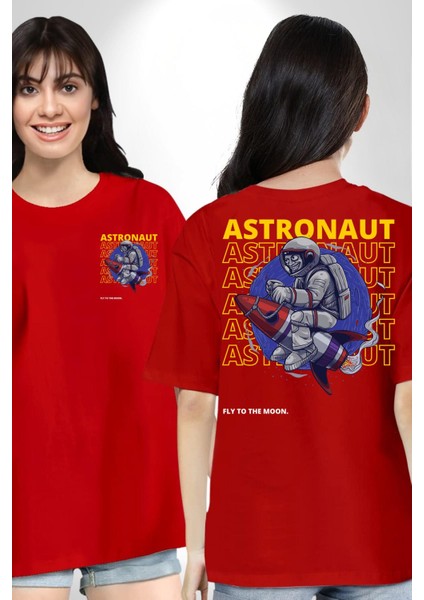 Roket Ata Binen Astronot Cep Sırt Baskılı Pamuklu Penye Kadın Erkek Kırmızı Tişört