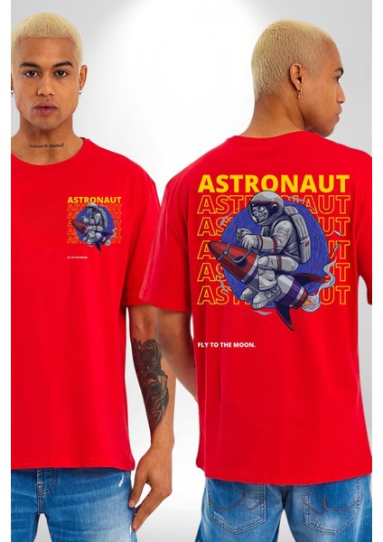 Roket Ata Binen Astronot Cep Sırt Baskılı Pamuklu Penye Kadın Erkek Kırmızı Tişört fırsatları