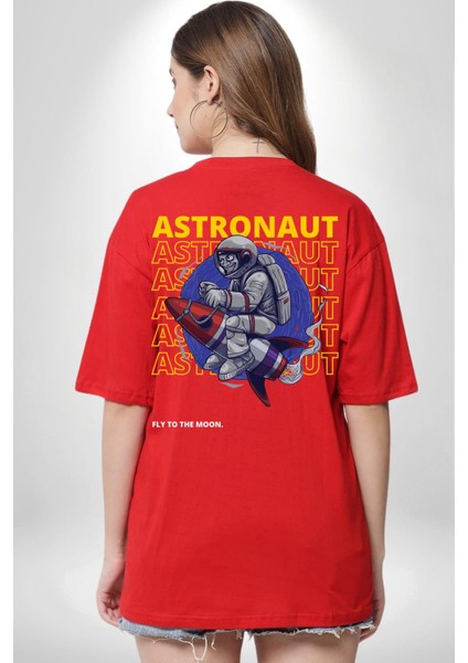 Roket Ata Binen Astronot Sırt Baskılı Pamuklu Penye Kadın Erkek Kırmızı Tişört fiyatları