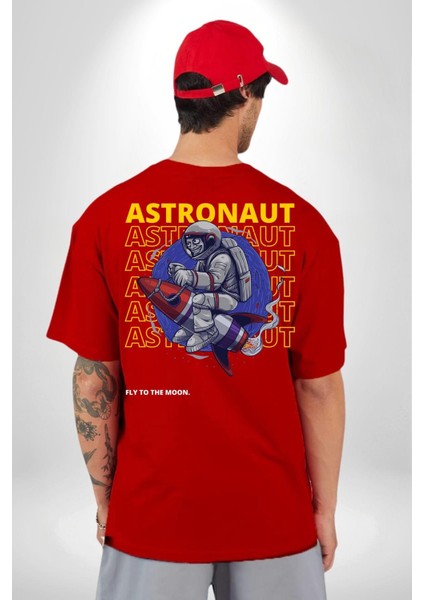 Roket Ata Binen Astronot Sırt Baskılı Pamuklu Penye Kadın Erkek Kırmızı Tişört modelleri