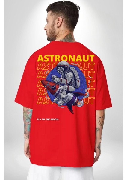 Roket Ata Binen Astronot Sırt Baskılı Pamuklu Penye Kadın Erkek Kırmızı Tişört fırsatları