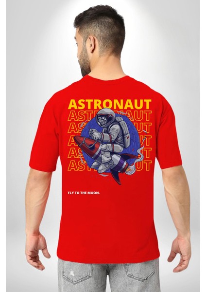 Roket Ata Binen Astronot Sırt Baskılı Pamuklu Penye Kadın Erkek Kırmızı Tişört indirimleri