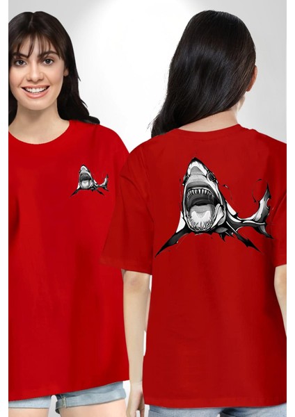 Dövme Shark Okyanus Köpekbalığı Cep Sırt Baskılı Pamuklu Penye Kadın Erkek Kırmızı Tişört