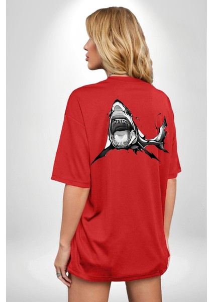 Dövme Shark Okyanus Köpekbalığı Cep Sırt Baskılı Pamuklu Penye Kadın Erkek Kırmızı Tişört modelleri