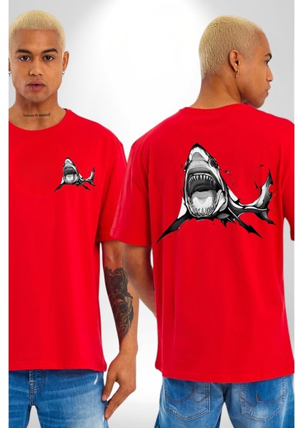 Dövme Shark Okyanus Köpekbalığı Cep Sırt Baskılı Pamuklu Penye Kadın Erkek Kırmızı Tişört fırsatları