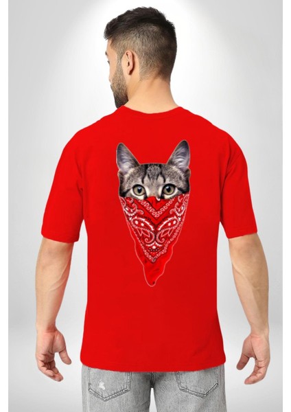 Maske Gangester Kedi Sırt Baskılı Pamuklu Penye Kadın Erkek Kırmızı Tişört modelleri
