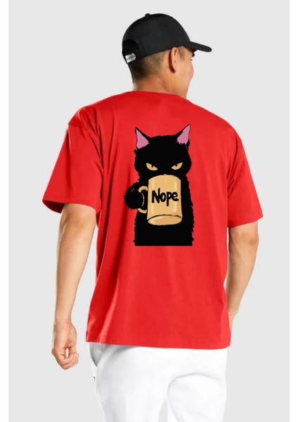 Nope Kedi Mizahi Kahve Tasarımı Cep Sırt Baskılı Pamuklu Penye Kadın Erkek Kırmızı Tişört