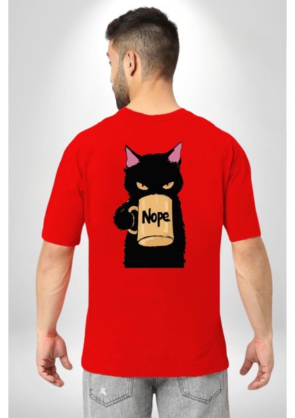 Nope Kedi Mizahi Kahve Tasarımı Cep Sırt Baskılı Pamuklu Penye Kadın Erkek Kırmızı Tişört modelleri
