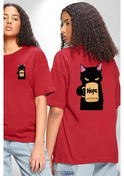 Nope Kedi Mizahi Kahve Tasarımı Cep Sırt Baskılı Pamuklu Penye Kadın Erkek Kırmızı Tişört fırsatları