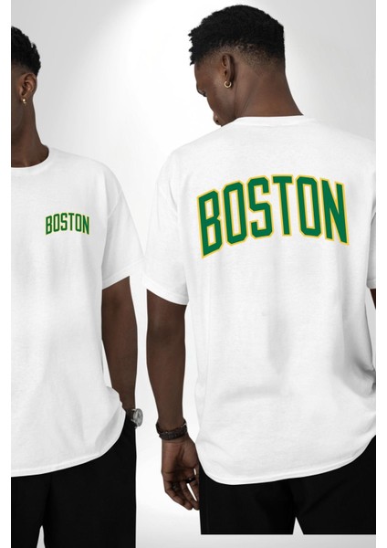 Boston Cep Sırt Baskılı Pamuklu Penye Kadın Erkek Beyaz Tişört