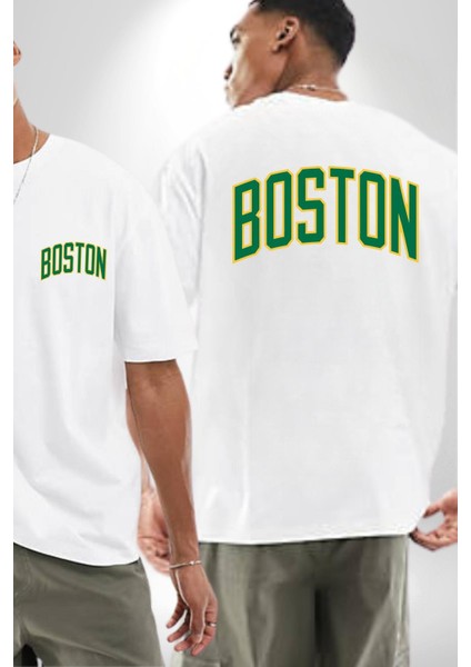 Boston Cep Sırt Baskılı Pamuklu Penye Kadın Erkek Beyaz Tişört fırsatları