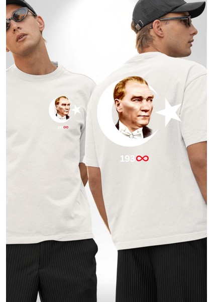Ay Yıldız Atatürk 10 Kasım Sonsuza Kadar Cep Sırt Baskılı Pamuklu Penye Kadın Erkek Beyaz Tişört
