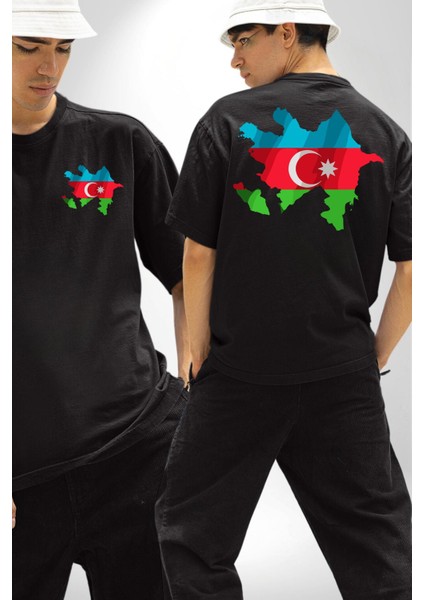 Azerbaycan Haritası Bayrak Tasarımı Cep Sırt Baskılı Pamuklu Penye Kadın Erkek Siyah Tişört