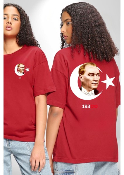 Ay Yıldız Atatürk 10 Kasım Sonsuza Kadar Cep Sırt Baskılı Pamuklu Penye Kadın Erkek Kırmızı Tişört