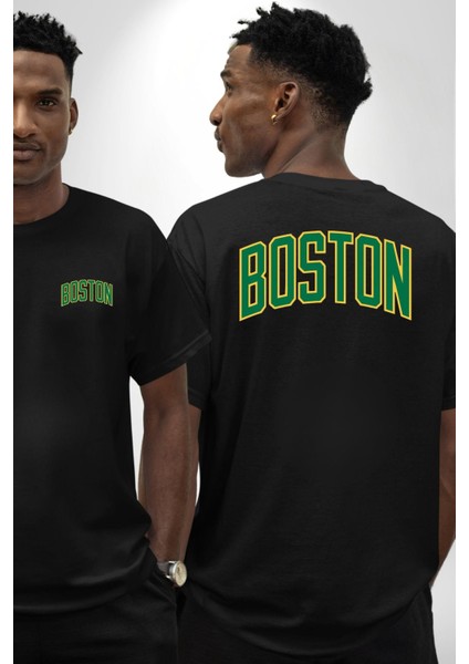 Boston Cep Sırt Baskılı Pamuklu Penye Kadın Erkek Siyah Tişört fırsatları