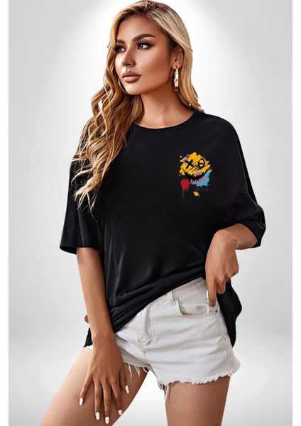 Smile Mood Xox Gülümseme Ruhu Cep Sırt Baskılı Pamuklu Penye Kadın Erkek Siyah Tişört modelleri