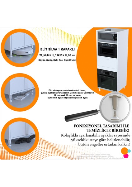 ELİT SİLVA 59,6 x 192,2 x 56 cm Ankastre Fırın 1 Kapaklı Ekmeklikli Dolap Çok Amaçlı dolap
