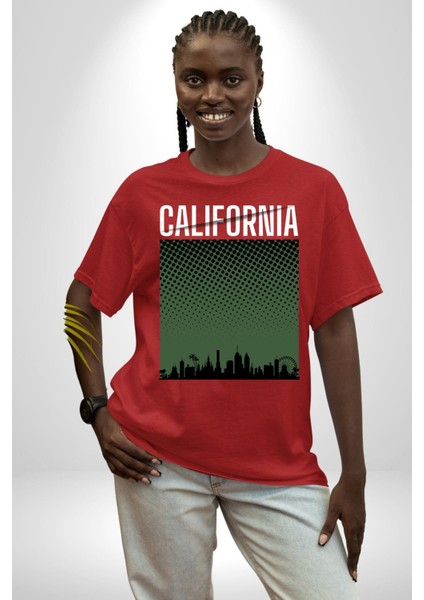 California Grafik Baskılı Pamuklu Penye Kadın Erkek Kırmızı Tişört fiyatları