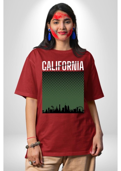 California Grafik Baskılı Pamuklu Penye Kadın Erkek Kırmızı Tişört modelleri