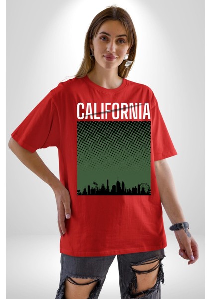 California Grafik Baskılı Pamuklu Penye Kadın Erkek Kırmızı Tişört indirimleri