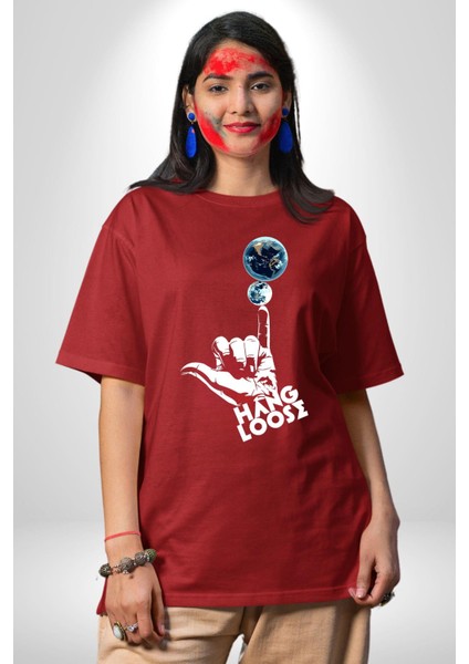 Hang Loose Dünya Temalı Eğlenceli Tasarım Grafik Baskılı Pamuklu Penye Kadın Erkek Kırmızı Tişört