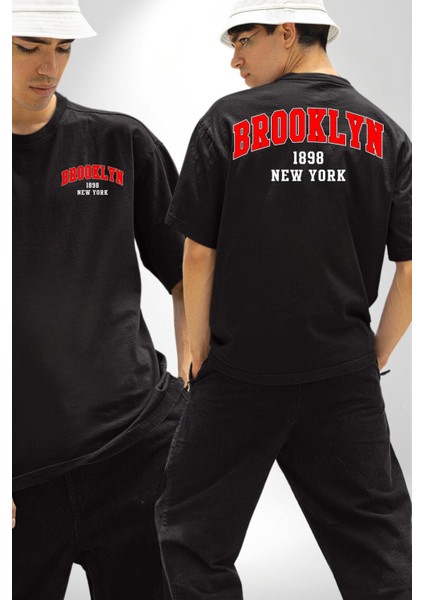 Brooklyn Siyah Cep Sırt Baskılı Pamuklu Penye Kadın Erkek Siyah Tişört