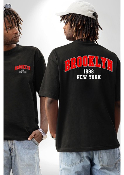 Brooklyn Siyah Cep Sırt Baskılı Pamuklu Penye Kadın Erkek Siyah Tişört fırsatları