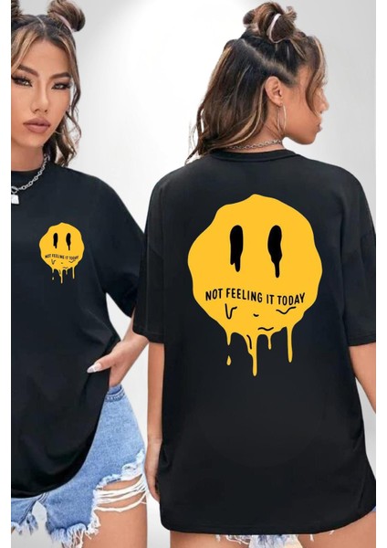 Eriyen Emoji Bugün Hissetmiyorum Cep Sırt Baskılı Pamuklu Penye Kadın Erkek Siyah Tişört