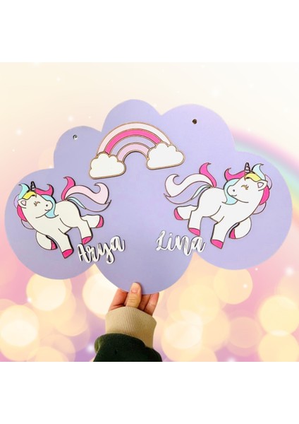 Unicorn Temalı Isme Özel Ikiz Bebek Kapı Süsü