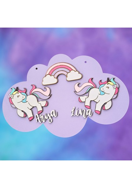 Unicorn Temalı Isme Özel Ikiz Bebek Kapı Süsü