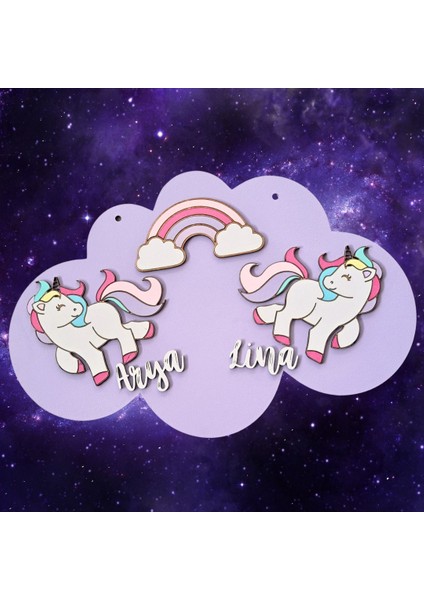 Unicorn Temalı Isme Özel Ikiz Bebek Kapı Süsü