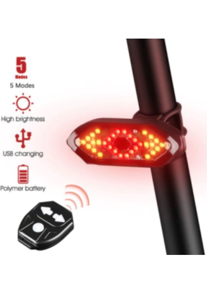 5 Modlu Su Geçirmez USB LED Şarjlı Sinyal Kablosuz Kumandalı Bisiklet - Scooter Arka Işık