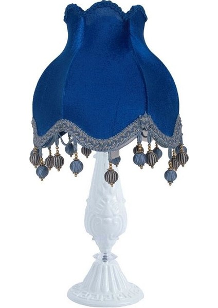 Gece Mavi Kadife Kaplı Vintage Abajur Beyaz Metal Ayak Gece Kuşu Model 30 x 50 cm AB0755